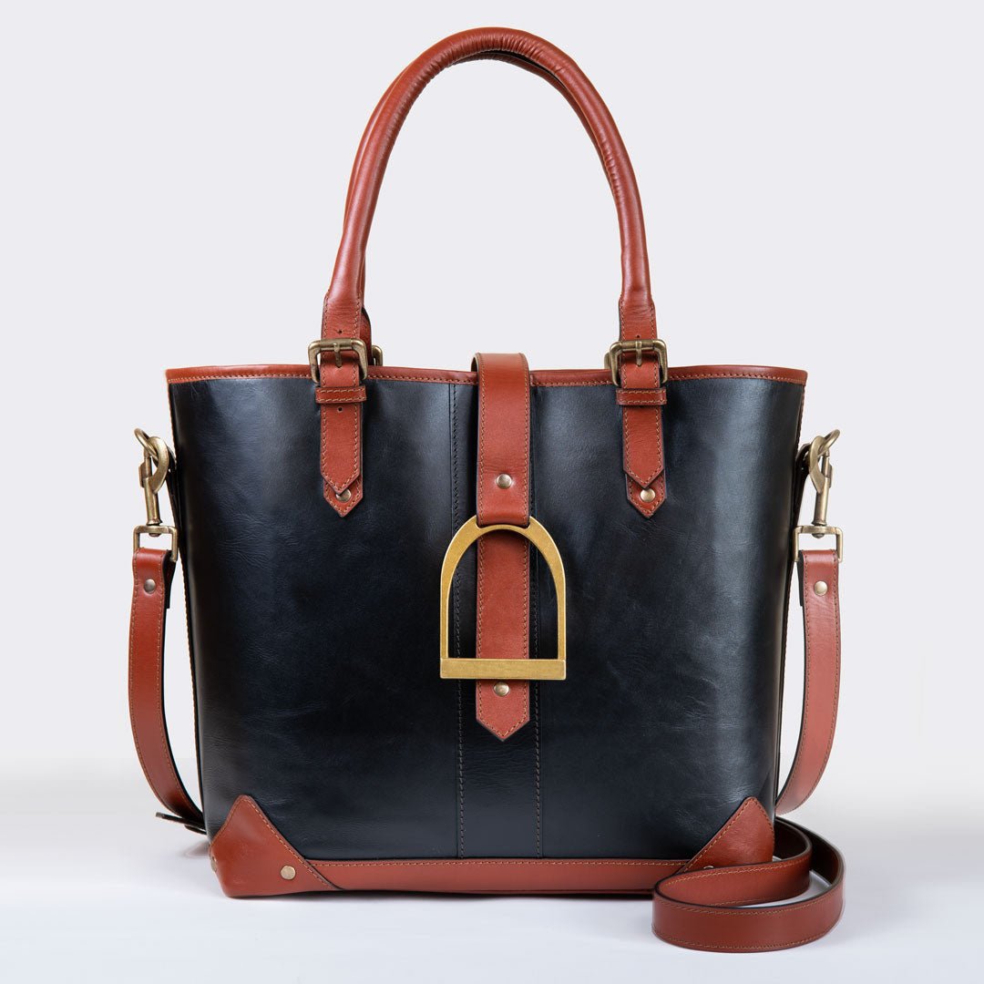 Signature - Riding Stirrup Tote Luxury Leather Handbag in Cognac on Black Urban-Equestrian