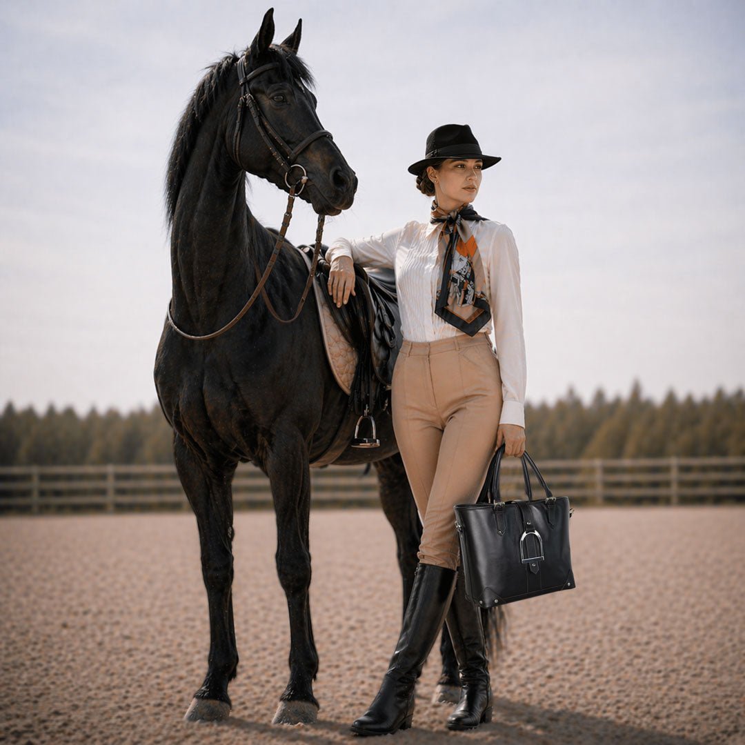 Signature - Riding Stirrup Tote Luxury Leather Handbag in Black Urban-Equestrian