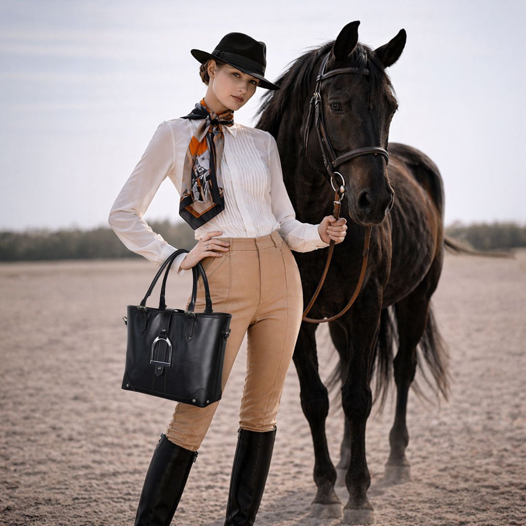 Signature - Riding Stirrup Tote Luxury Leather Handbag in Black Urban-Equestrian
