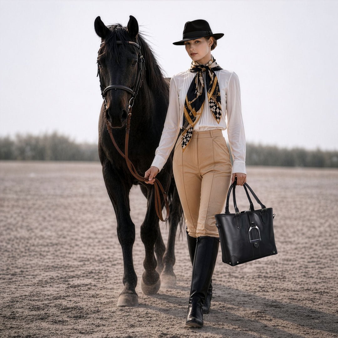 Signature - Riding Stirrup Tote Luxury Leather Handbag in Black Urban-Equestrian