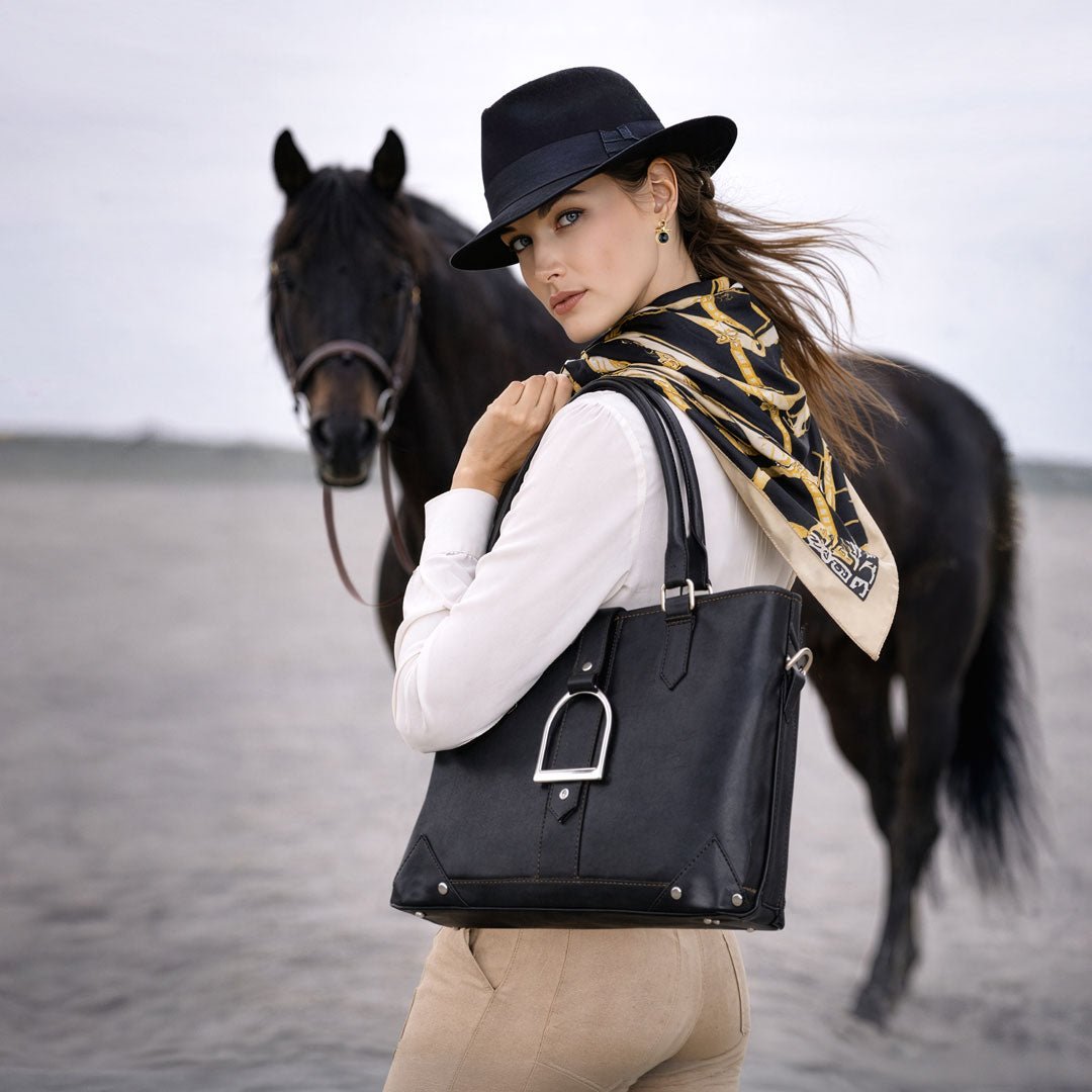 Signature - Riding Stirrup Tote Luxury Leather Handbag in Black Urban-Equestrian