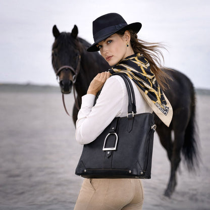 Signature - Riding Stirrup Tote Luxury Leather Handbag in Black Urban-Equestrian