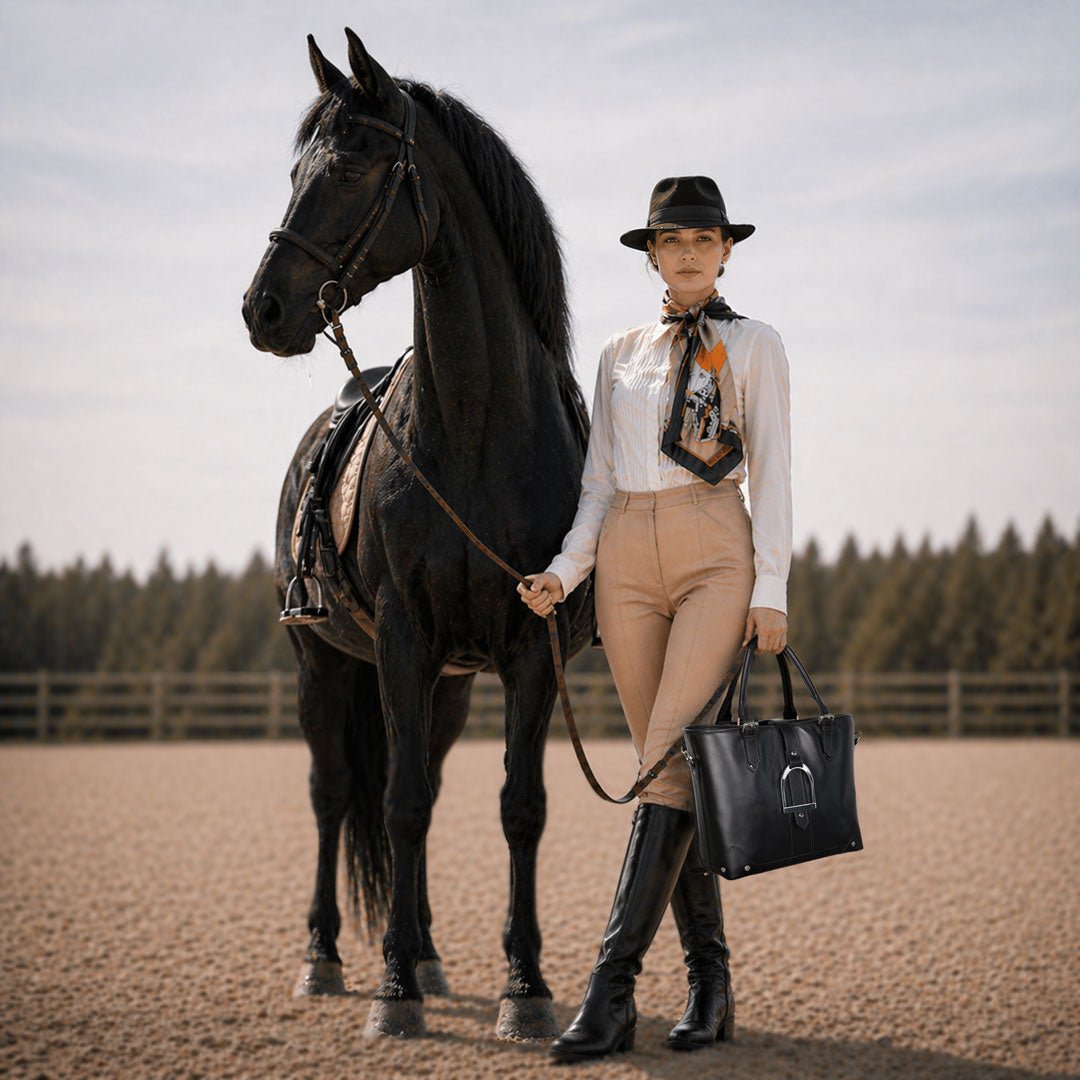 Signature - Riding Stirrup Tote Luxury Leather Handbag in Black Urban-Equestrian