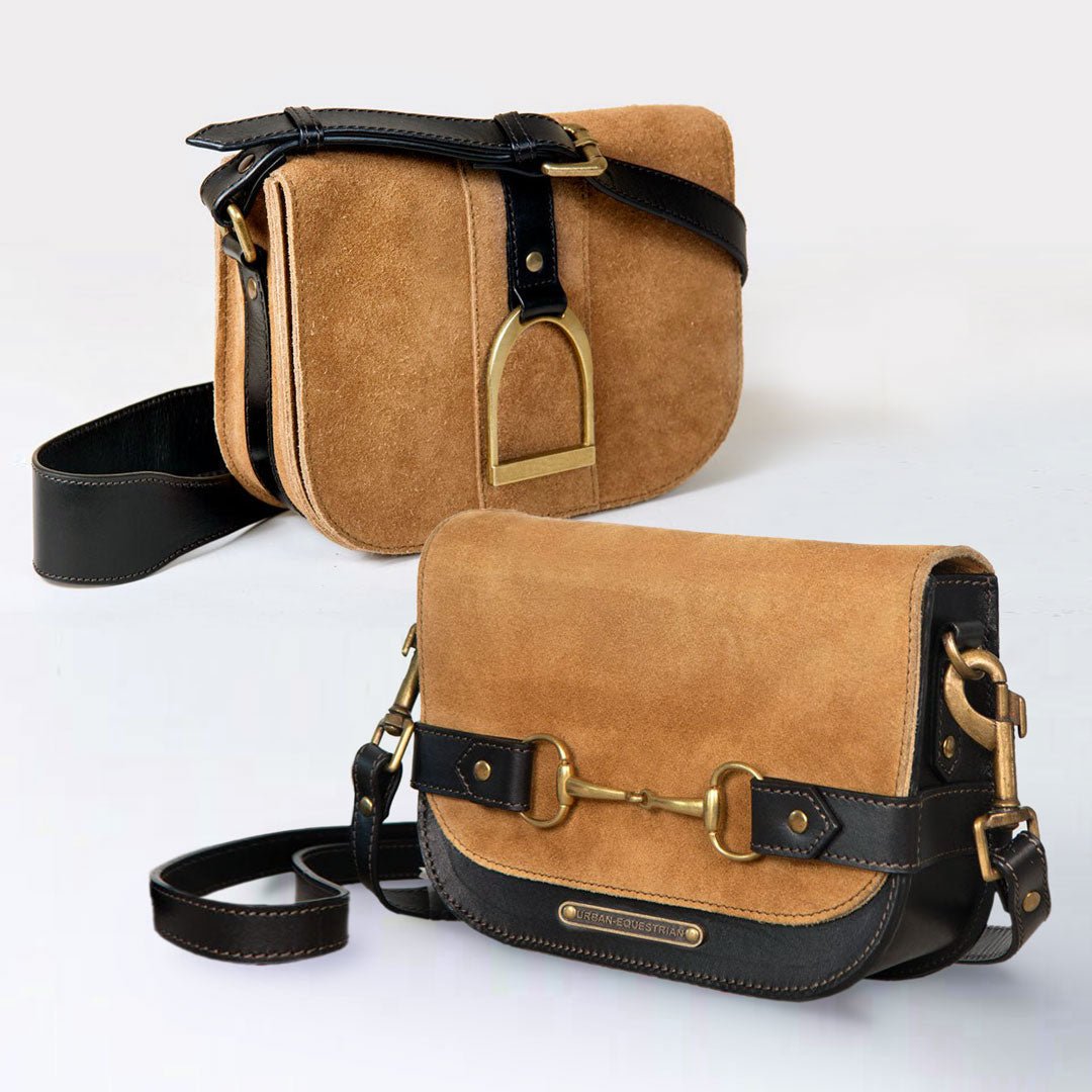 Signature Stirrup - Riding Stirrup Crossbody Luxury Leather Handbag in Black on Chestnut Urban-Equestrian