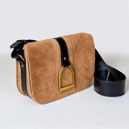 Signature Stirrup - Riding Stirrup Crossbody Luxury Leather Handbag in Black on Chestnut Urban-Equestrian