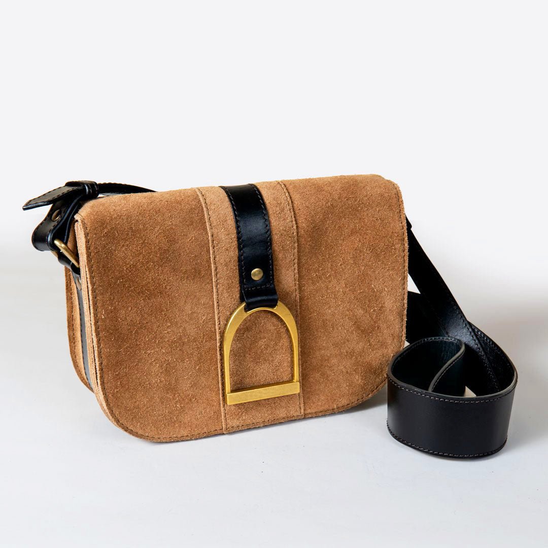 Signature Stirrup - Riding Stirrup Crossbody Luxury Leather Handbag in Black on Chestnut Urban-Equestrian