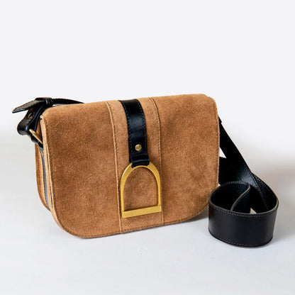 Signature Stirrup - Riding Stirrup Crossbody Luxury Leather Handbag in Black on Chestnut Urban-Equestrian
