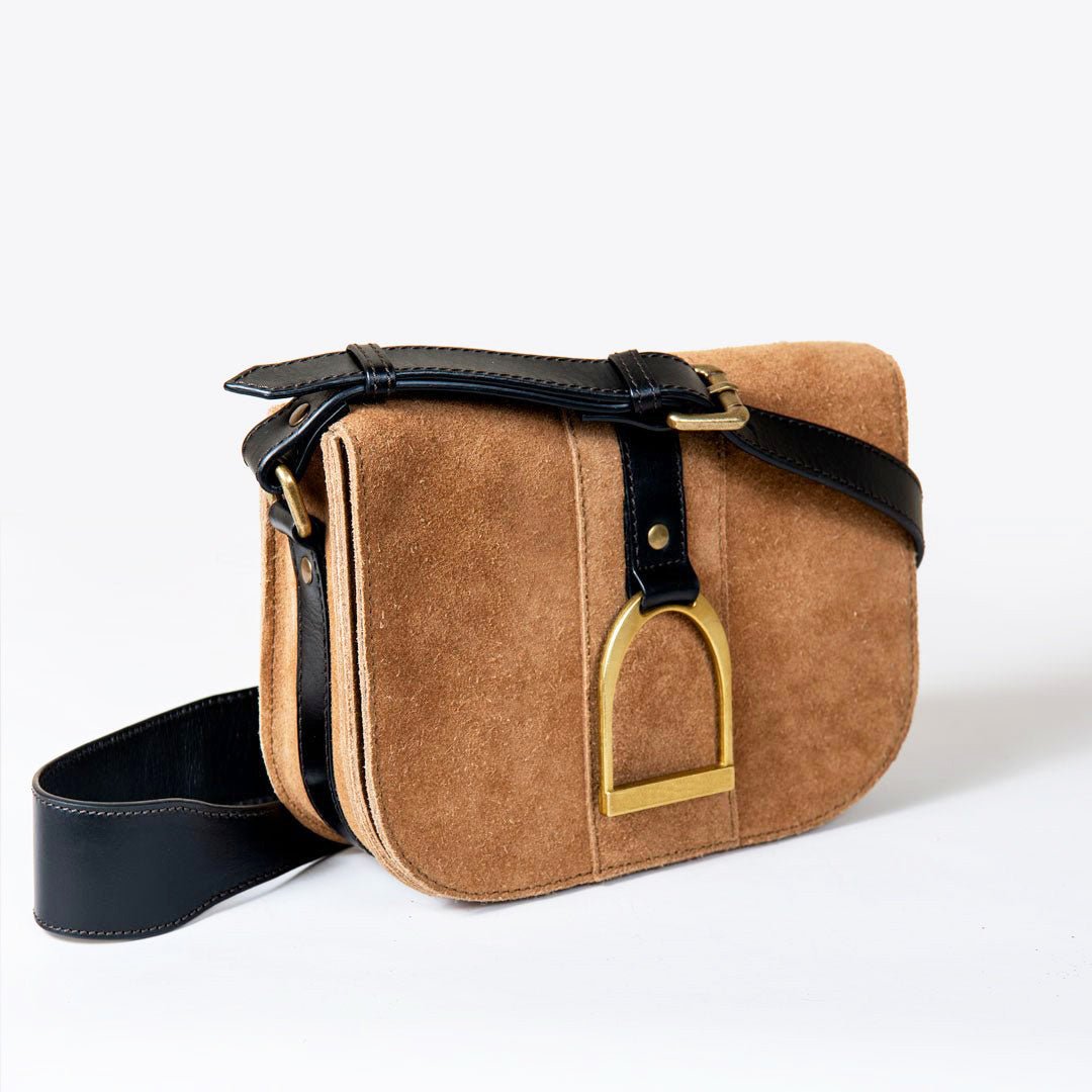 Signature Stirrup - Riding Stirrup Crossbody Luxury Leather Handbag in Black on Chestnut Urban-Equestrian