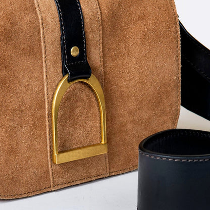 Signature Stirrup - Riding Stirrup Crossbody Luxury Leather Handbag in Black on Chestnut Urban-Equestrian