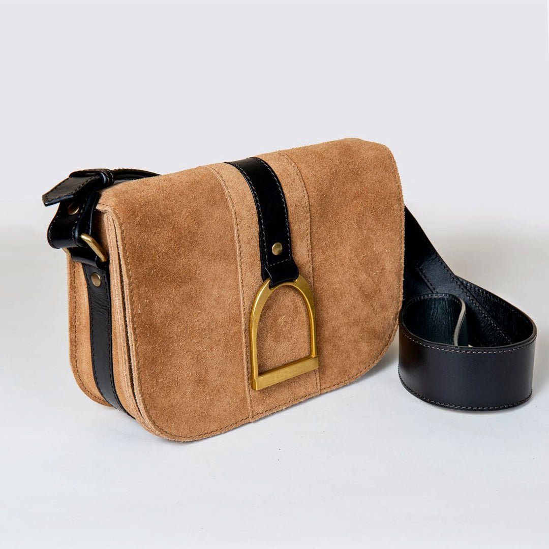 Signature Stirrup - Riding Stirrup Crossbody Luxury Leather Handbag in Black on Chestnut Urban-Equestrian