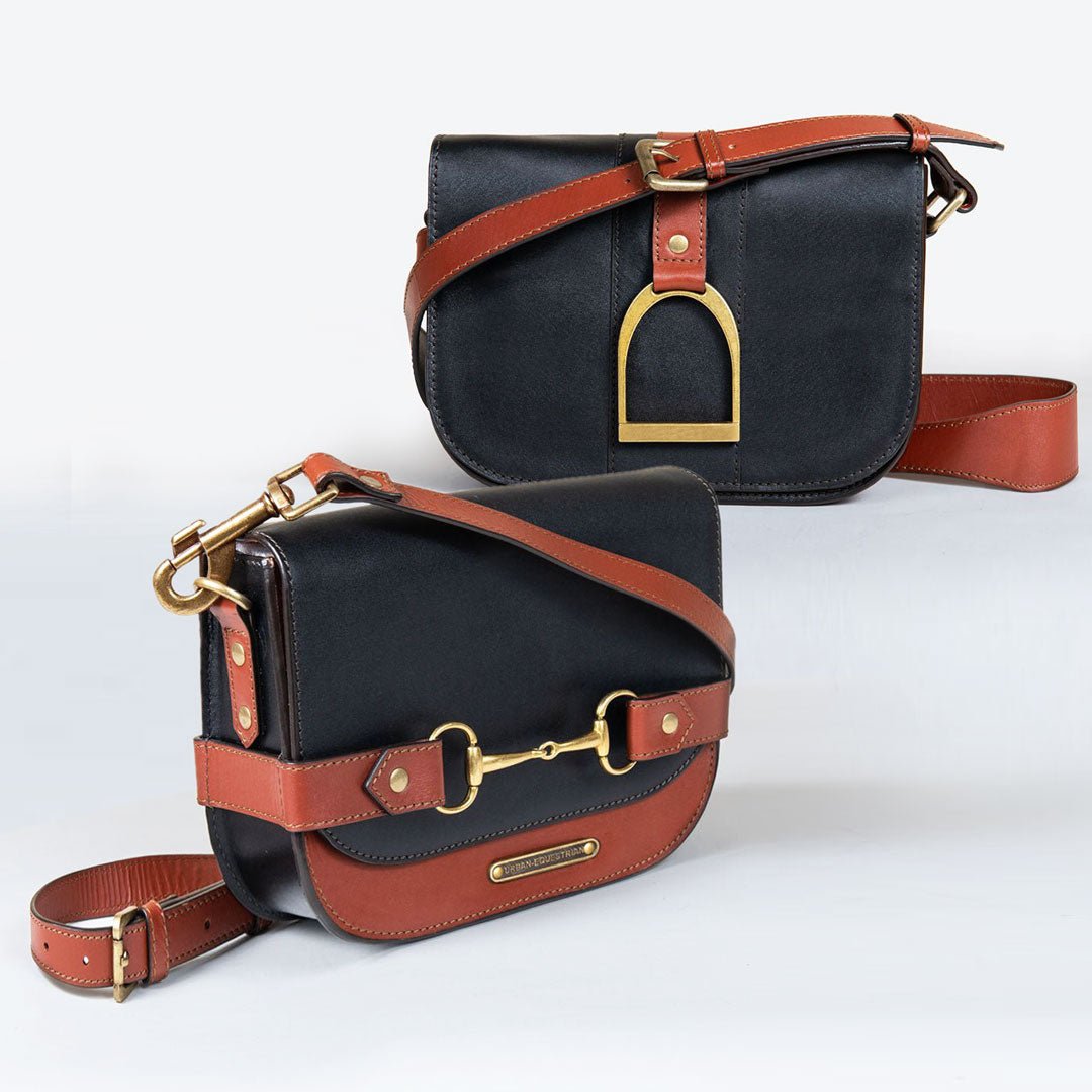 Signature Stirrup - Riding Stirrup Crossbody Luxury Leather Handbag in Cognac on Black Urban-Equestrian