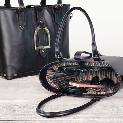 Signature - Riding Stirrup Tote Luxury Leather Handbag in Black Urban-Equestrian