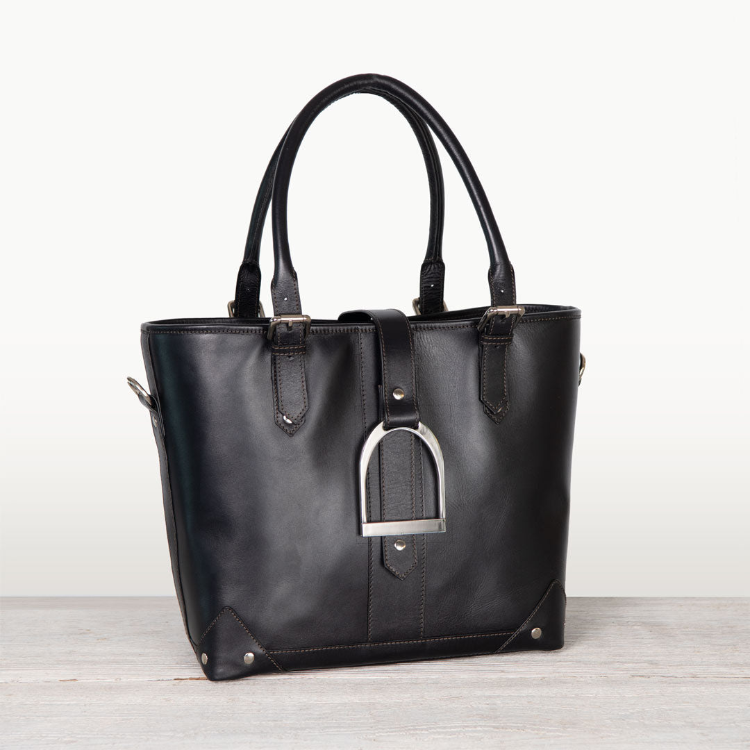 Signature - Riding Stirrup Tote Luxury Leather Handbag in Black Urban-Equestrian