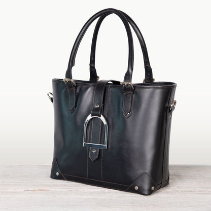 Signature - Riding Stirrup Tote Luxury Leather Handbag in Black Urban-Equestrian