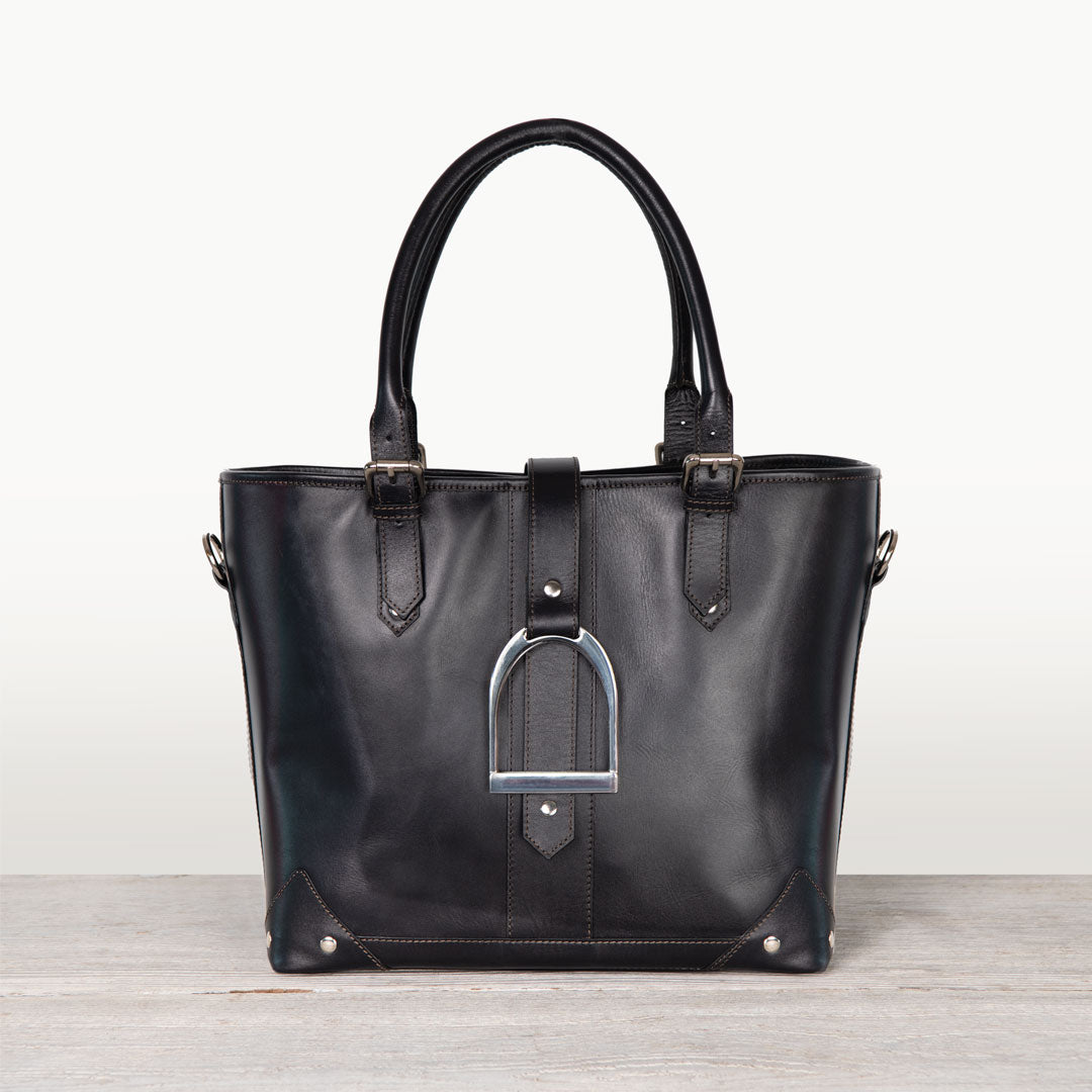 Signature - Riding Stirrup Tote Luxury Leather Handbag in Black Urban-Equestrian