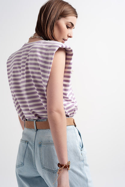 sleeveless t-shirt with shoulder pad in purple stripe Q2store