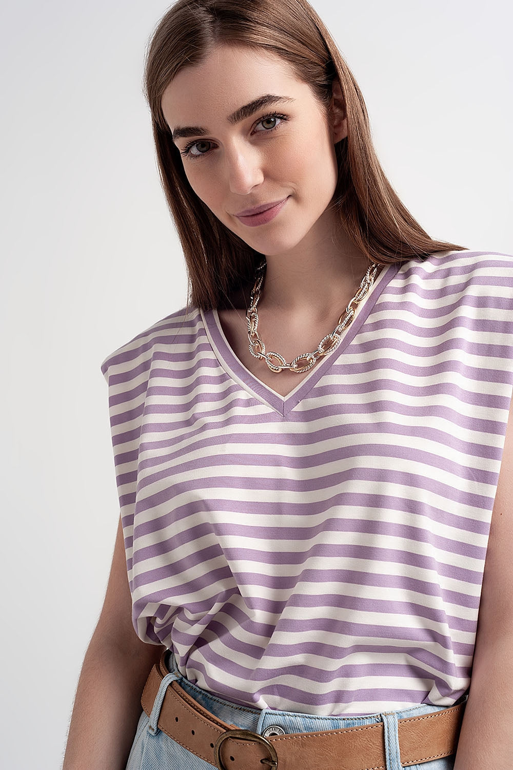 sleeveless t-shirt with shoulder pad in purple stripe Q2store