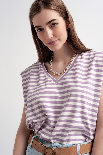 sleeveless t-shirt with shoulder pad in purple stripe Q2store