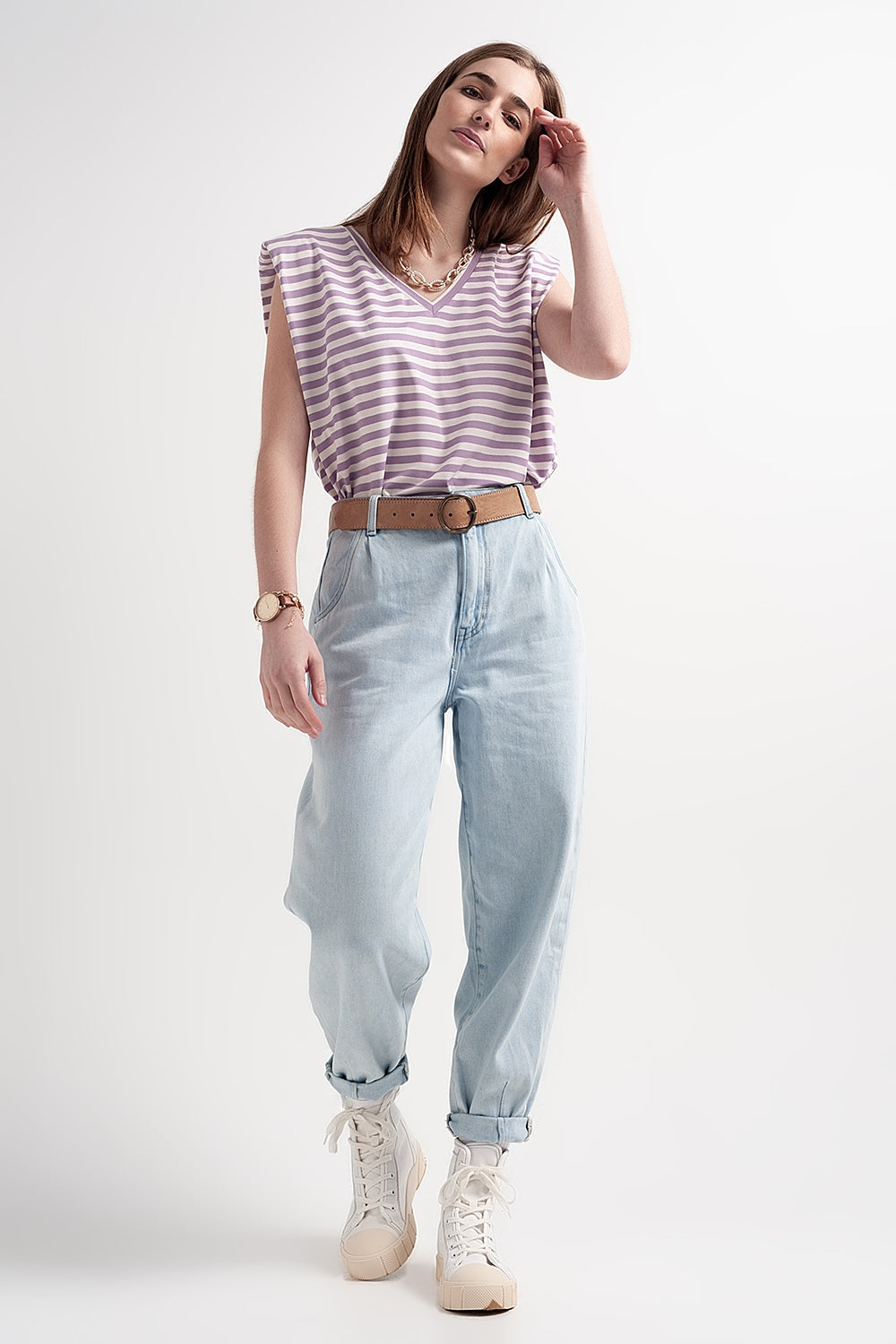 sleeveless t-shirt with shoulder pad in purple stripe Q2store