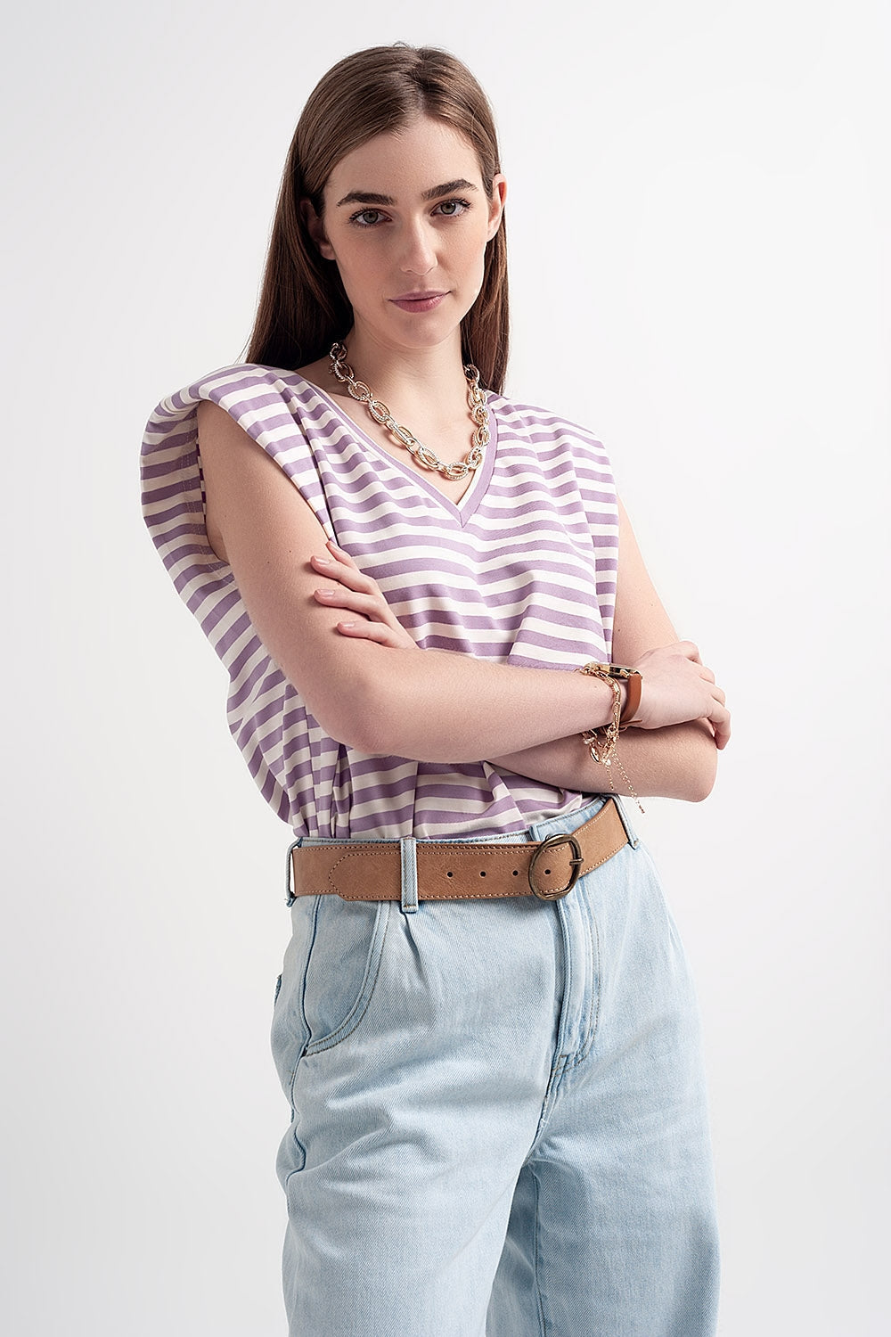 sleeveless t-shirt with shoulder pad in purple stripe Q2store