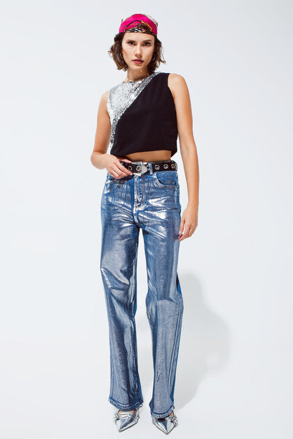 Sleevless Croptop With Diagonal Silver Sequin Detail in Black Q2store