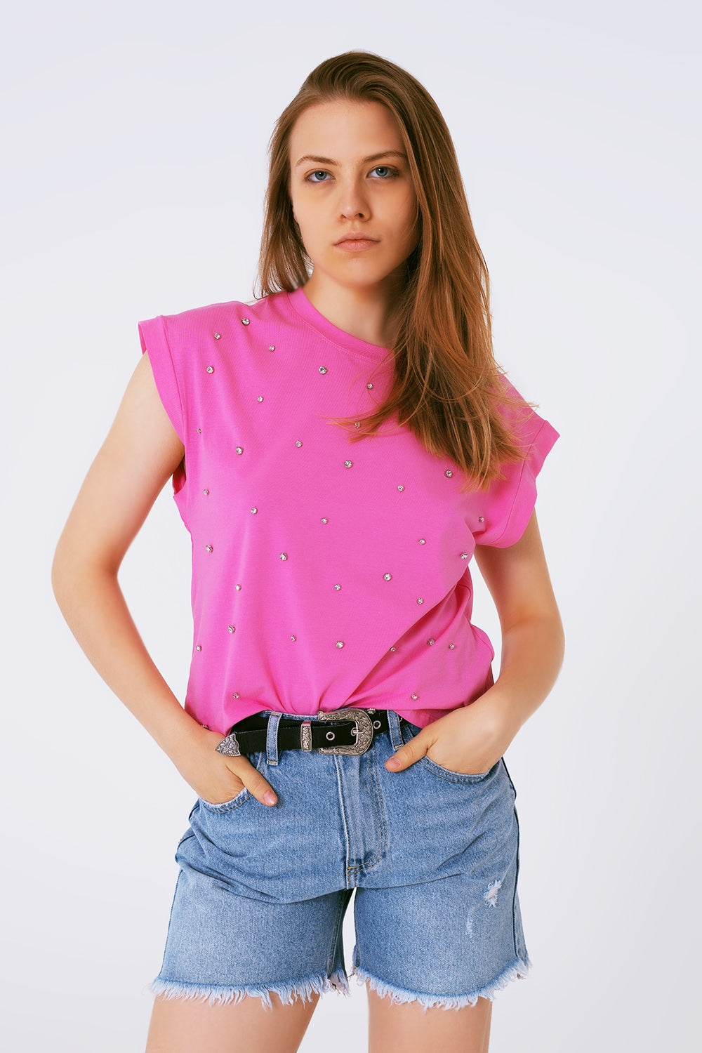 Sleevless T-shirt With Strass Detail in Pink Q2store