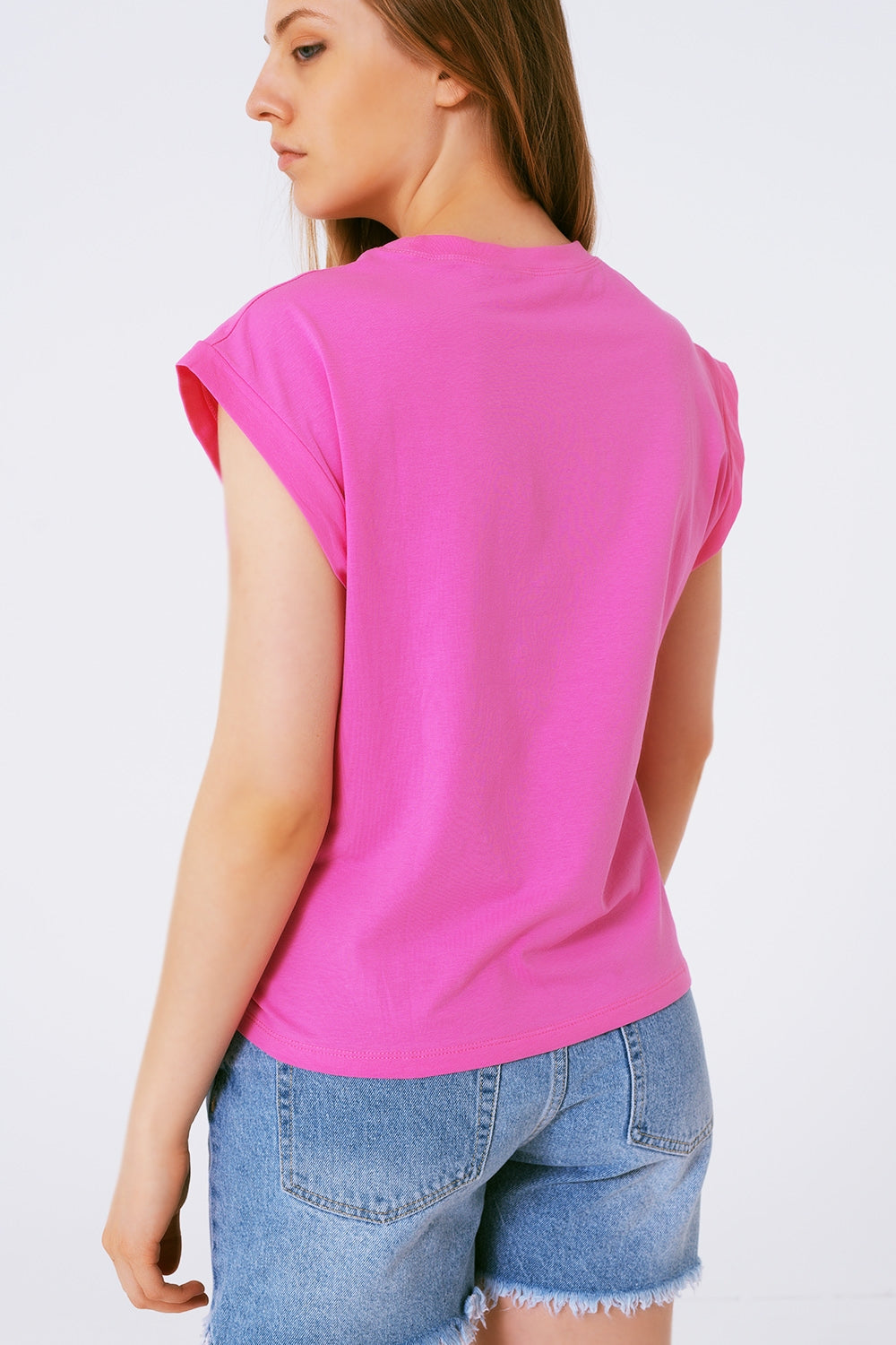 Sleevless T-shirt With Strass Detail in Pink Q2store
