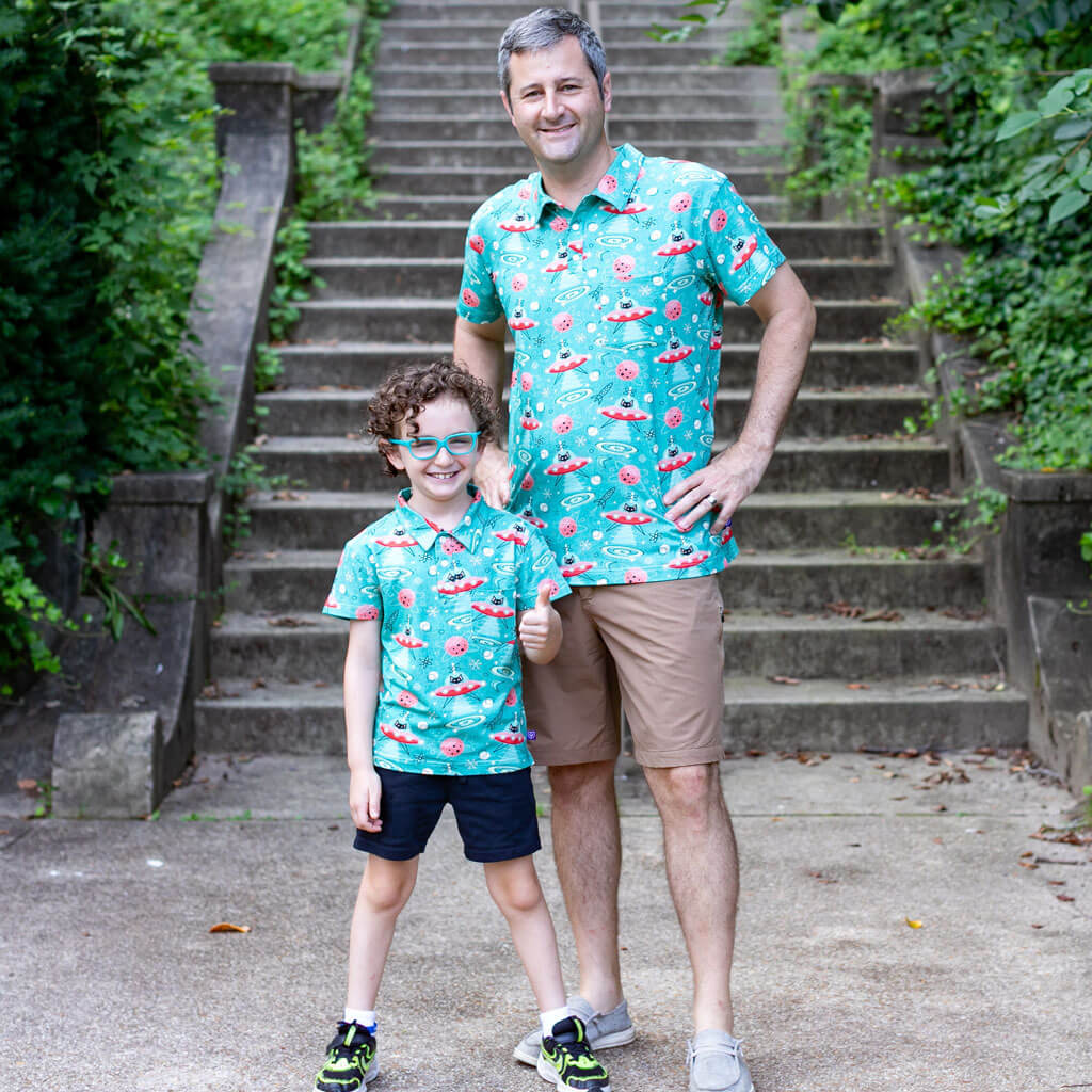 "Beam Me Up, Kitty" Cats in Space Saucers Short Sleeve Polo Shirt Princess Awesome & Boy Wonder