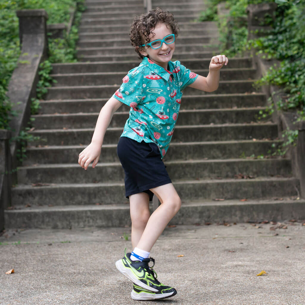 "Beam Me Up, Kitty" Cats in Space Saucers Short Sleeve Polo Shirt Princess Awesome & Boy Wonder