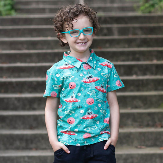 "Beam Me Up, Kitty" Cats in Space Saucers Short Sleeve Polo Shirt Princess Awesome & Boy Wonder