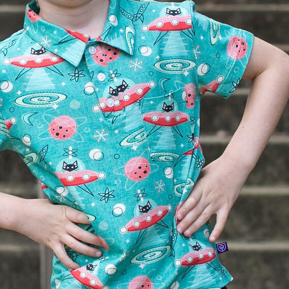 "Beam Me Up, Kitty" Cats in Space Saucers Short Sleeve Polo Shirt Princess Awesome & Boy Wonder