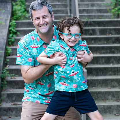 Adult "Beam Me Up, Kitty" Cats in Space Saucers Short Sleeve Polo Shirt Princess Awesome & Boy Wonder