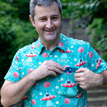 Adult "Beam Me Up, Kitty" Cats in Space Saucers Short Sleeve Polo Shirt Princess Awesome & Boy Wonder