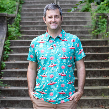Adult "Beam Me Up, Kitty" Cats in Space Saucers Short Sleeve Polo Shirt Princess Awesome & Boy Wonder