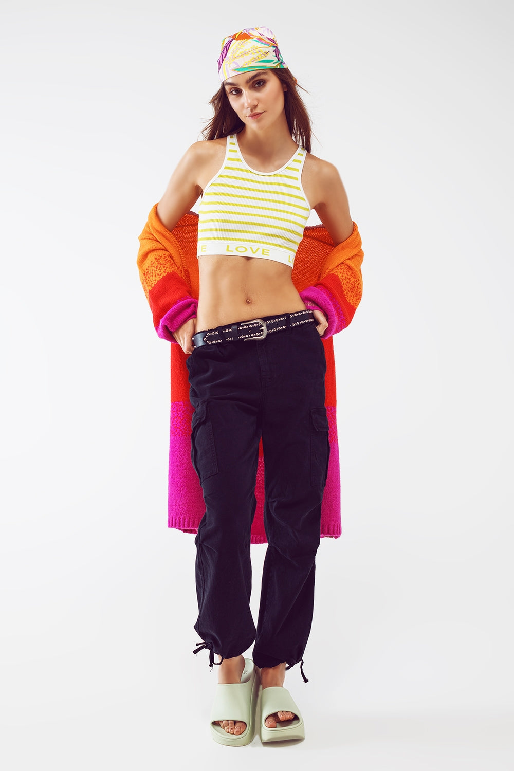 Striped Cropped Top with Love Text in Lime Green Q2store