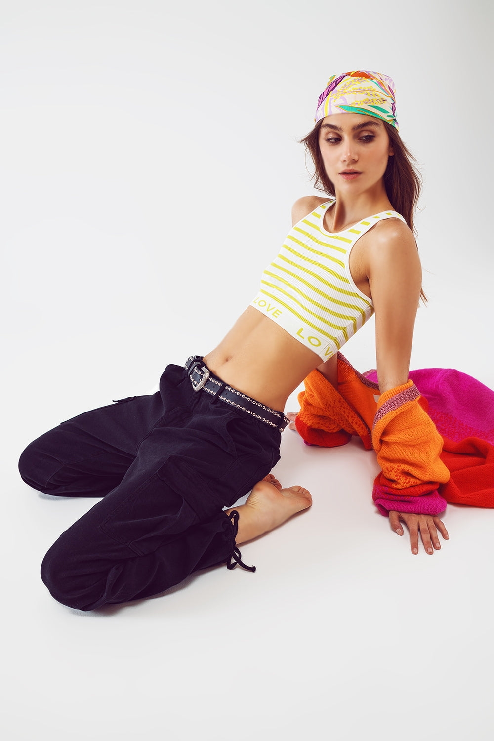 Striped Cropped Top with Love Text in Lime Green Q2store