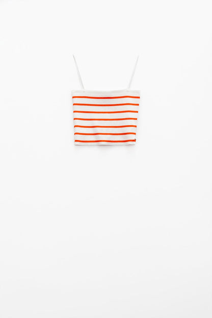 Striped White and Orange Top With Square Neckline Q2store