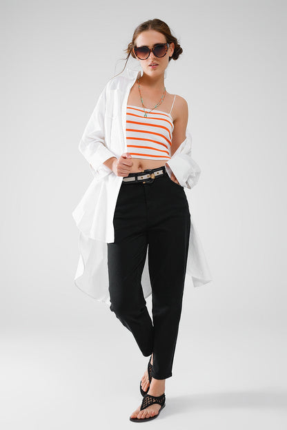 Striped White and Orange Top With Square Neckline Q2store