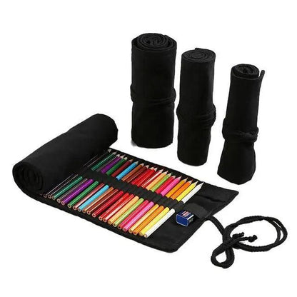 Students Roll Design Black Color Pencil Retro Canvas Wrap Up Pencil Case High Quality Stationary Pouch Stevvex