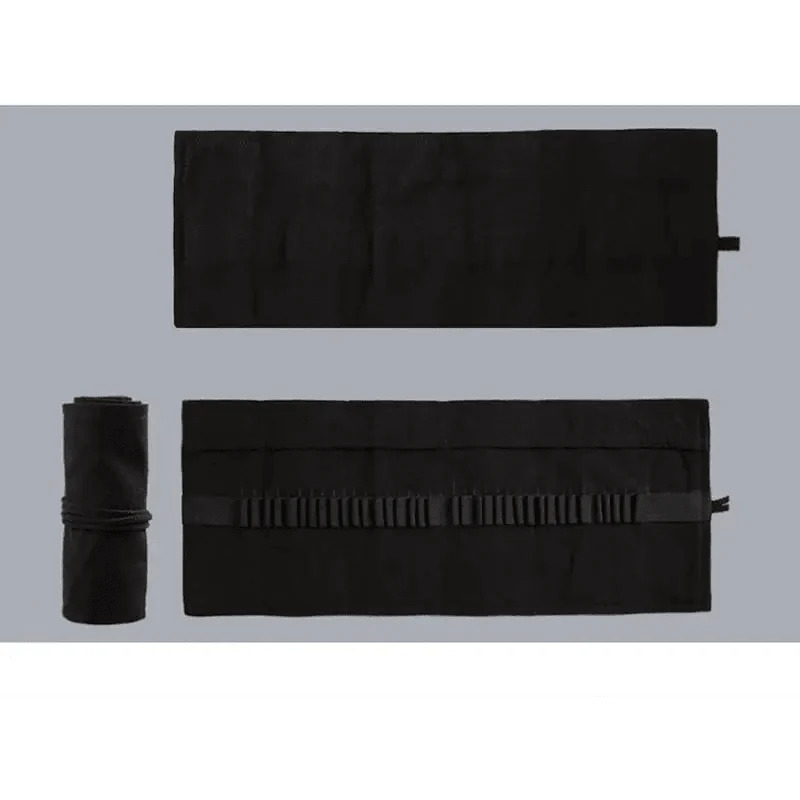 Students Roll Design Black Color Pencil Retro Canvas Wrap Up Pencil Case High Quality Stationary Pouch Stevvex