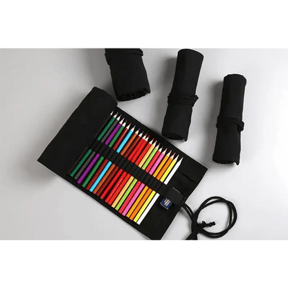Students Roll Design Black Color Pencil Retro Canvas Wrap Up Pencil Case High Quality Stationary Pouch Stevvex