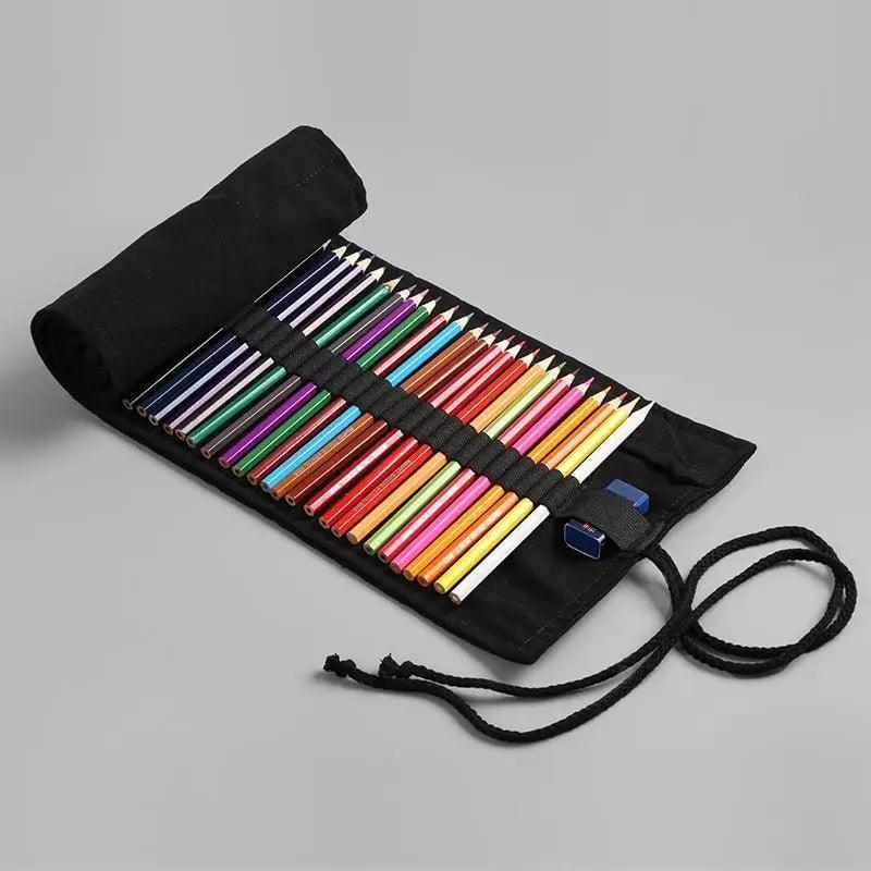 Students Roll Design Black Color Pencil Retro Canvas Wrap Up Pencil Case High Quality Stationary Pouch Stevvex