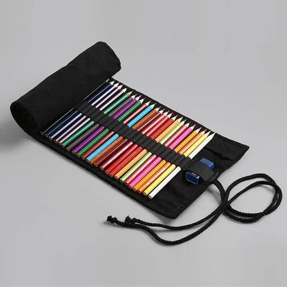 Students Roll Design Black Color Pencil Retro Canvas Wrap Up Pencil Case High Quality Stationary Pouch Stevvex