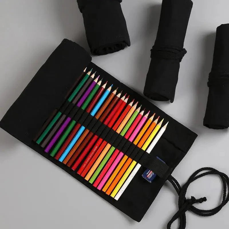 Students Roll Design Black Color Pencil Retro Canvas Wrap Up Pencil Case High Quality Stationary Pouch Stevvex