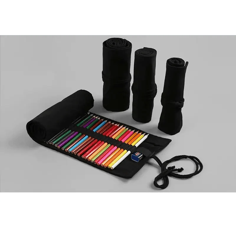 Students Roll Design Black Color Pencil Retro Canvas Wrap Up Pencil Case High Quality Stationary Pouch Stevvex