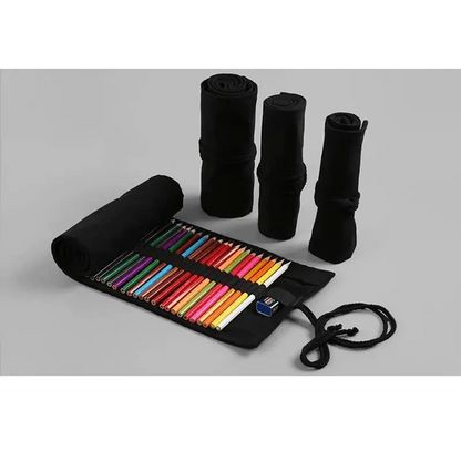 Students Roll Design Black Color Pencil Retro Canvas Wrap Up Pencil Case High Quality Stationary Pouch Stevvex