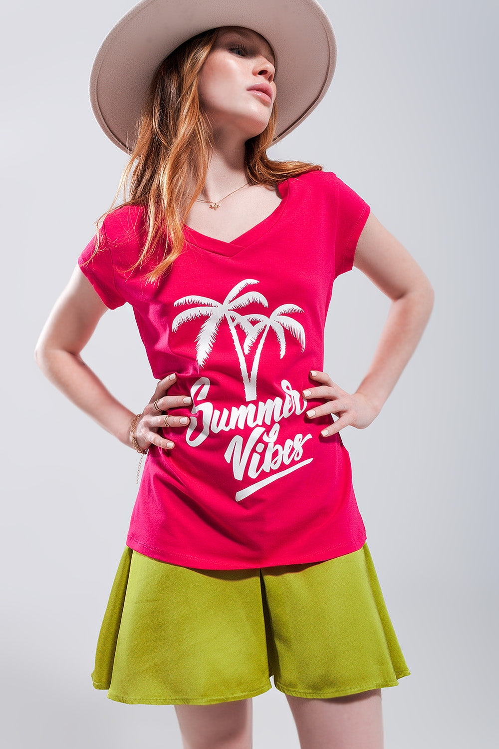 Summer vibes print t shirt in fuchsia Q2store