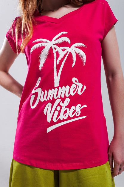 Summer vibes print t shirt in fuchsia Q2store