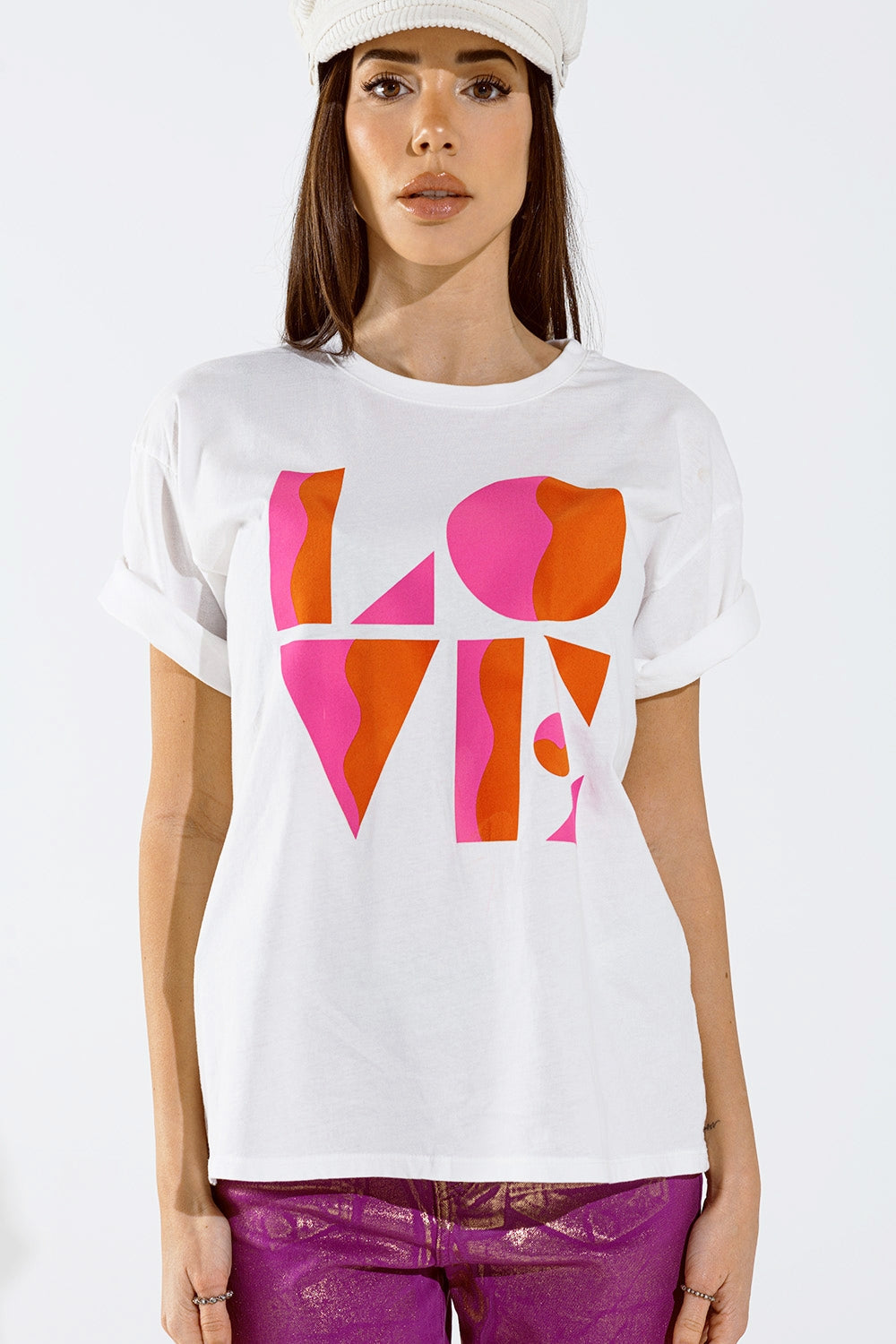 T-shirt with LOVE art deco digital print in white Q2store