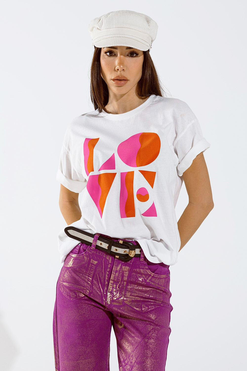 T-shirt with LOVE art deco digital print in white Q2store